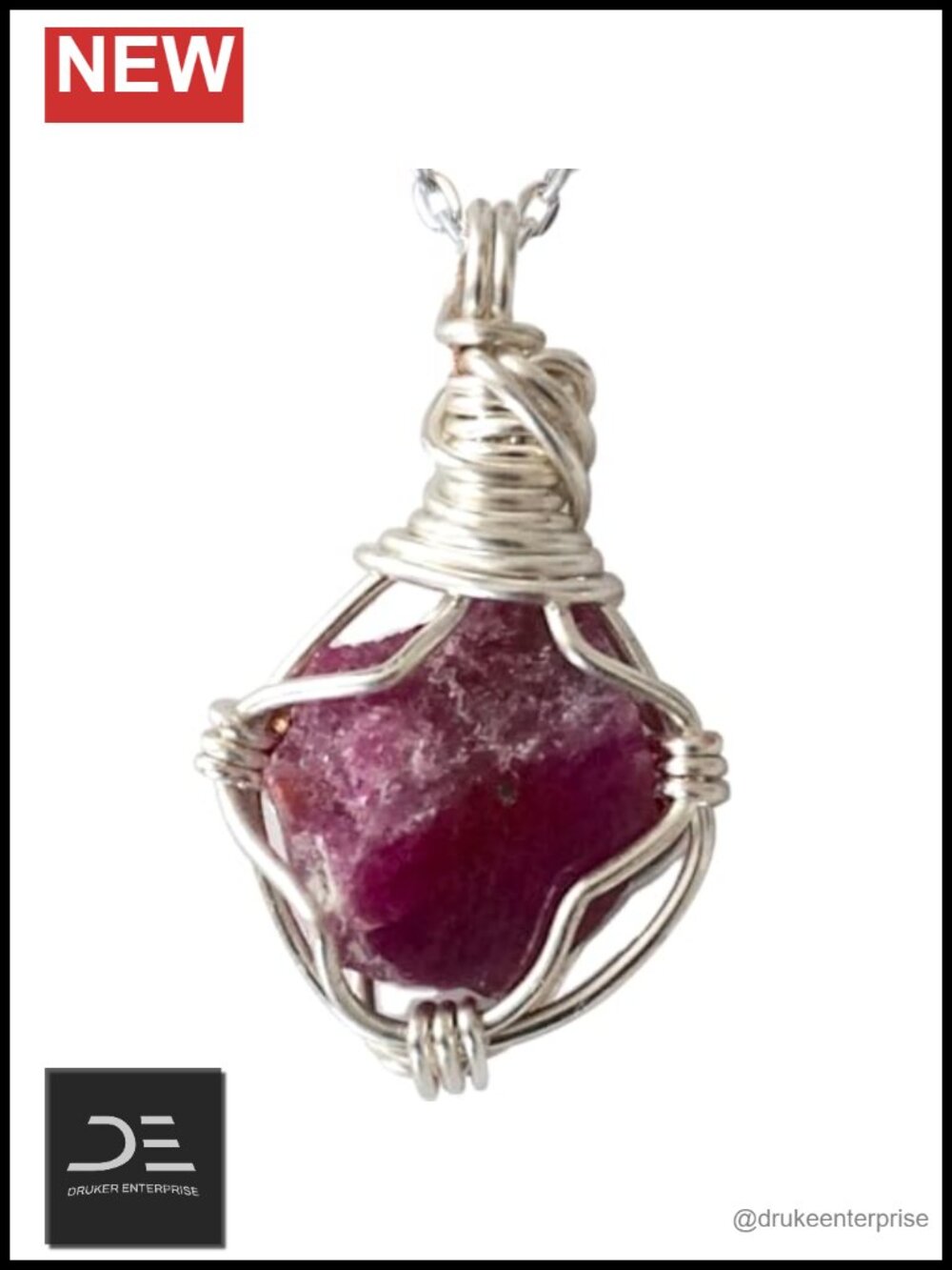 Raw Ruby Pendant Necklace, Silver Plated Wire-Wrapped